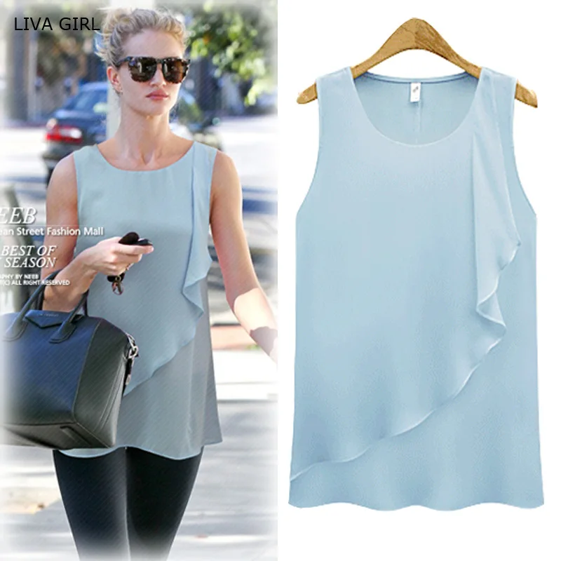 

2019 summer new temperament loose round neck chiffon shirt ruffled sleeveless bottoming shirt casual camisole female