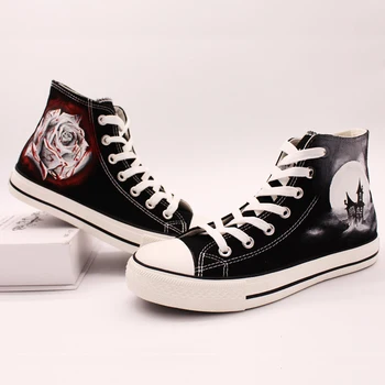 

news 2020 spring hand painted black canvas shoes women hihg top lace up low Flat shoes Pattern of roses big size 35-44