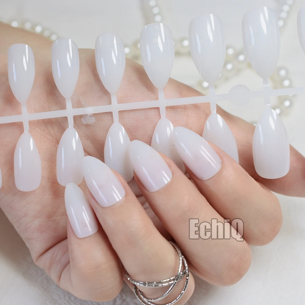 24pcs Half Clear White Nail Art Tips Full Cover Oval Sharp