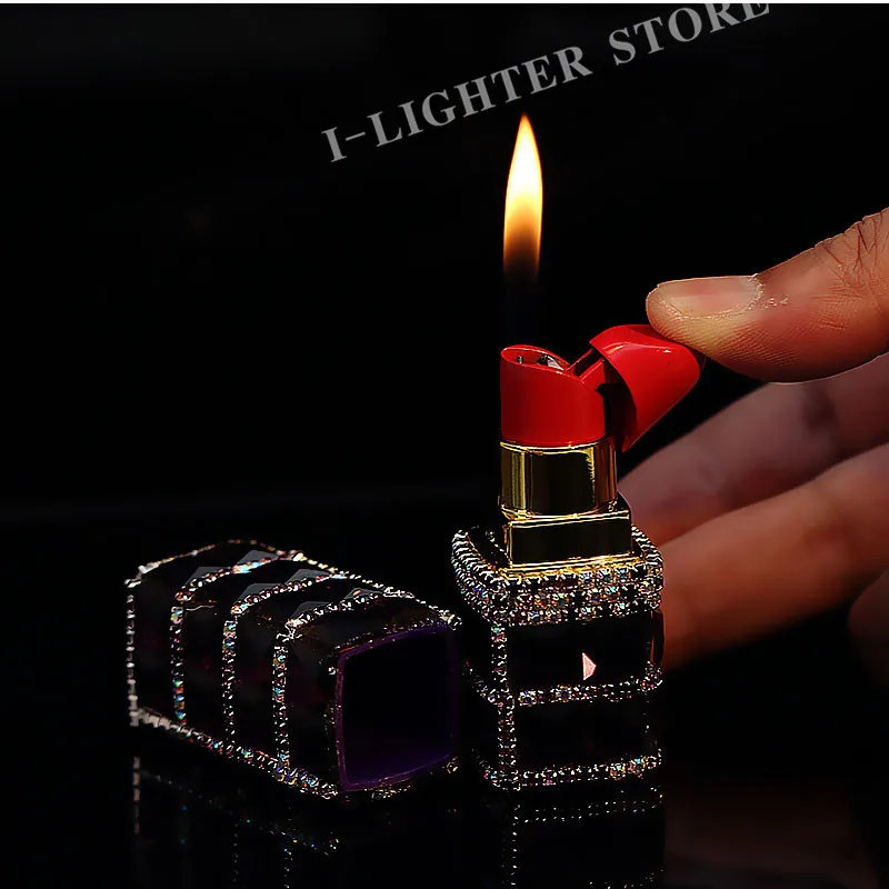 Luxury Crystal Diamond Lipstick Cigarette Lighter Refillable Butane Gas