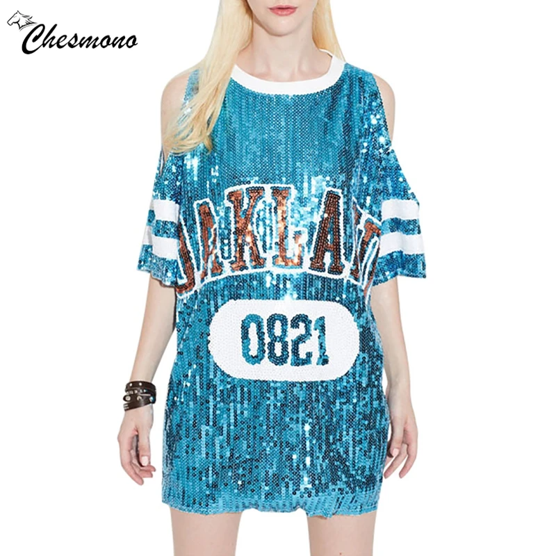

Women's Fashion Style Off Shoulder T-Shirt Loose Short Sleeve Long Hip Hop Shirt Sequined T-Shirt Casual letter Tops Tees Street