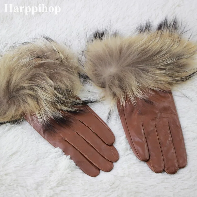 Женские зимние меховые перчатки из натуральной овечьей кожи, перчатки с манжетами из меха енота для девочек, рождественский подарок, меховые перчатки, варежки