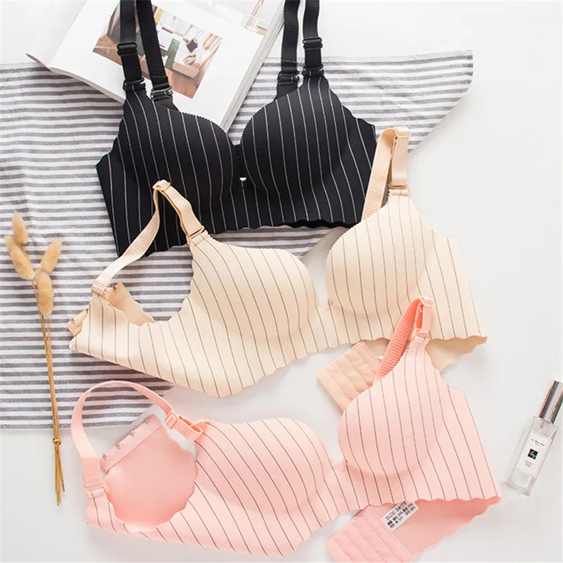 New one-piece vertical striped bra no trace comfortable girl gathered no steel ring thick underwear push up lingerie