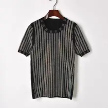 Женская Блестящая трикотажная футболка с коротким рукавом со стразами Дамский круглый вырез, Футболка женская блестящая черная эластичная безрукавка, Летний Топ для женщин