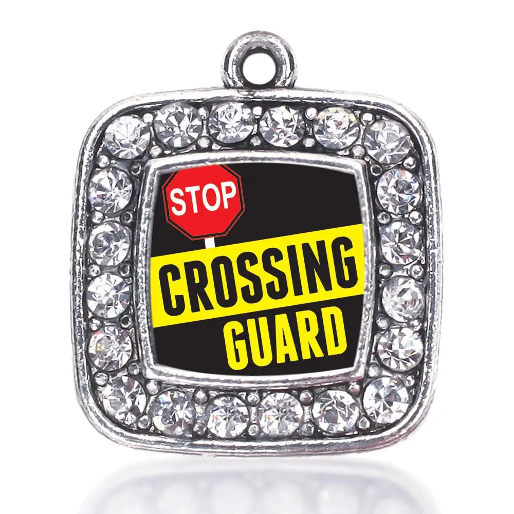 

CROSSING GUARD SQUARE CHARM ANTIQUE SILVER PLATED CRYSTAL JEWELRY