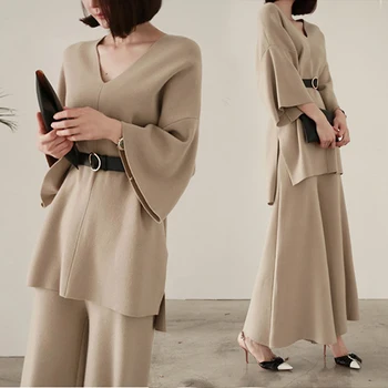 

Knitting Sweater Pantsuit Two Piece Set Knitted Pullover office lady High Waist Wide Leg Pants Women's Suit