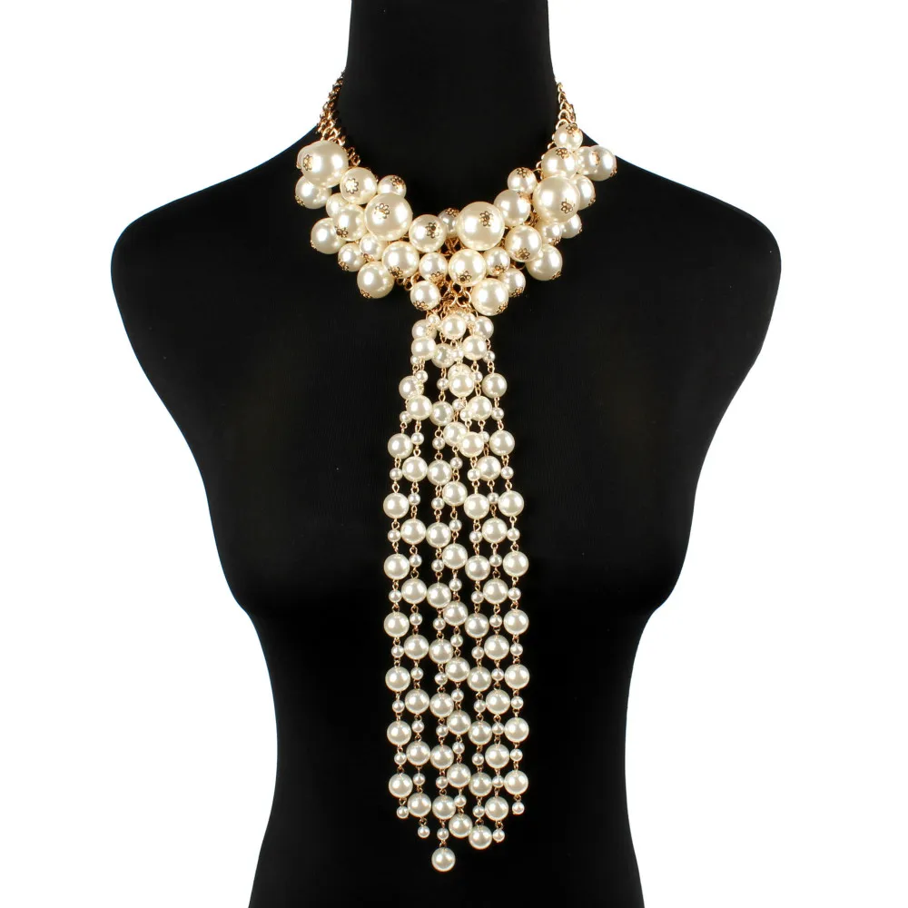 

2019 Fashion New Hyperbole Multilayer Round Pearl Long Tassel Metal Chain Short Necklace for Women Ethnic Necklaces Jewelry