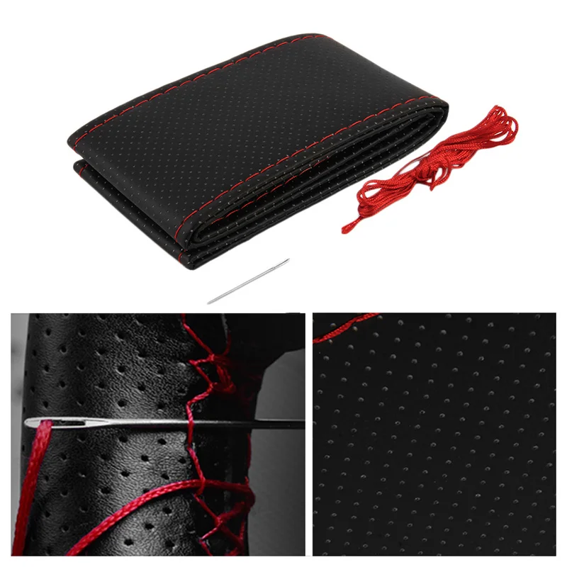 

Artificial Leather DIY Texture Car Steering Wheel Black Cover with Needle and Thread Car Cover Interior Accessories Auto Parts