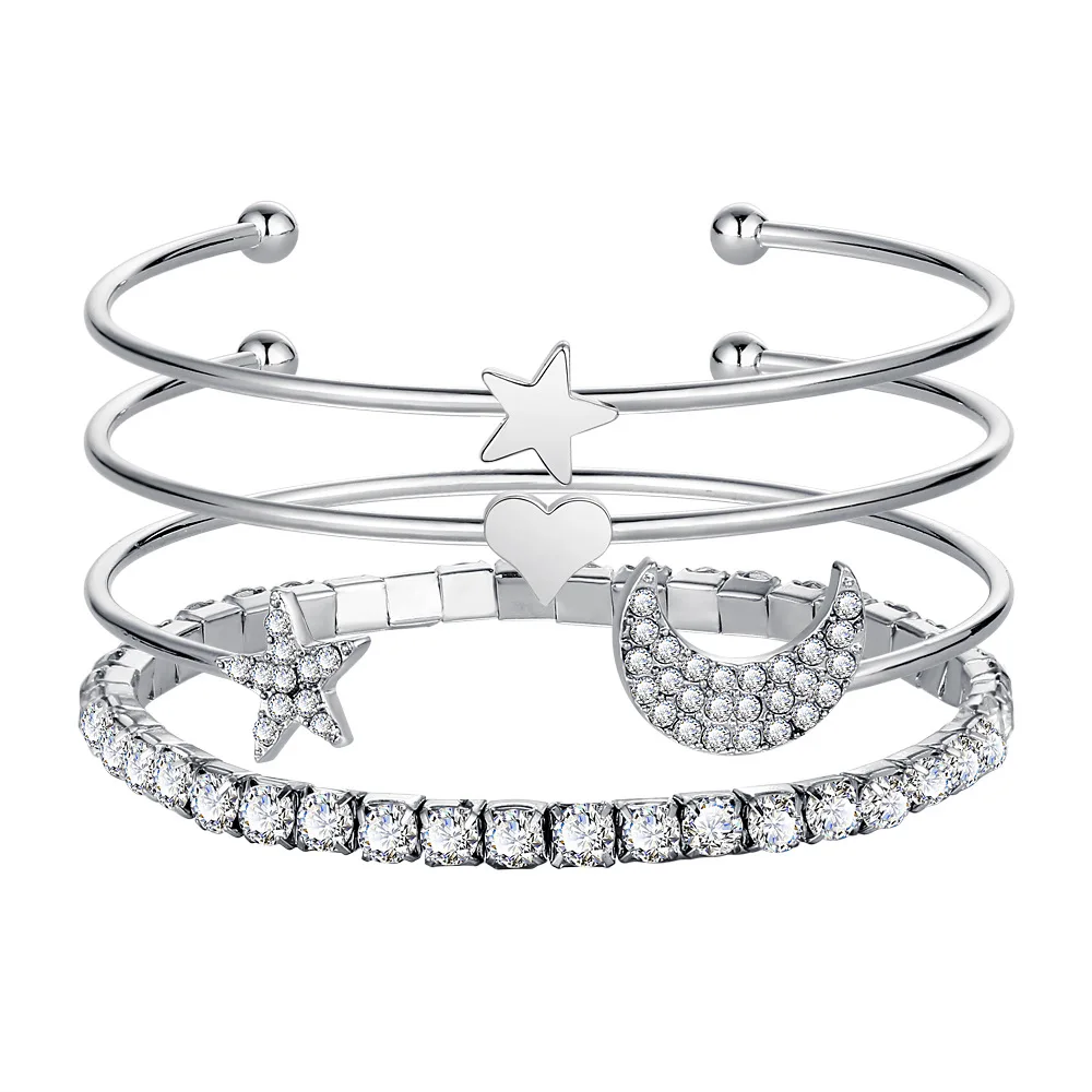 

4pcs Europe and America Fashion Rhinestone Stars Moon Love Heart Open Bracelets Sweet Trendy Wedding Bracelet Set Women Jewelry