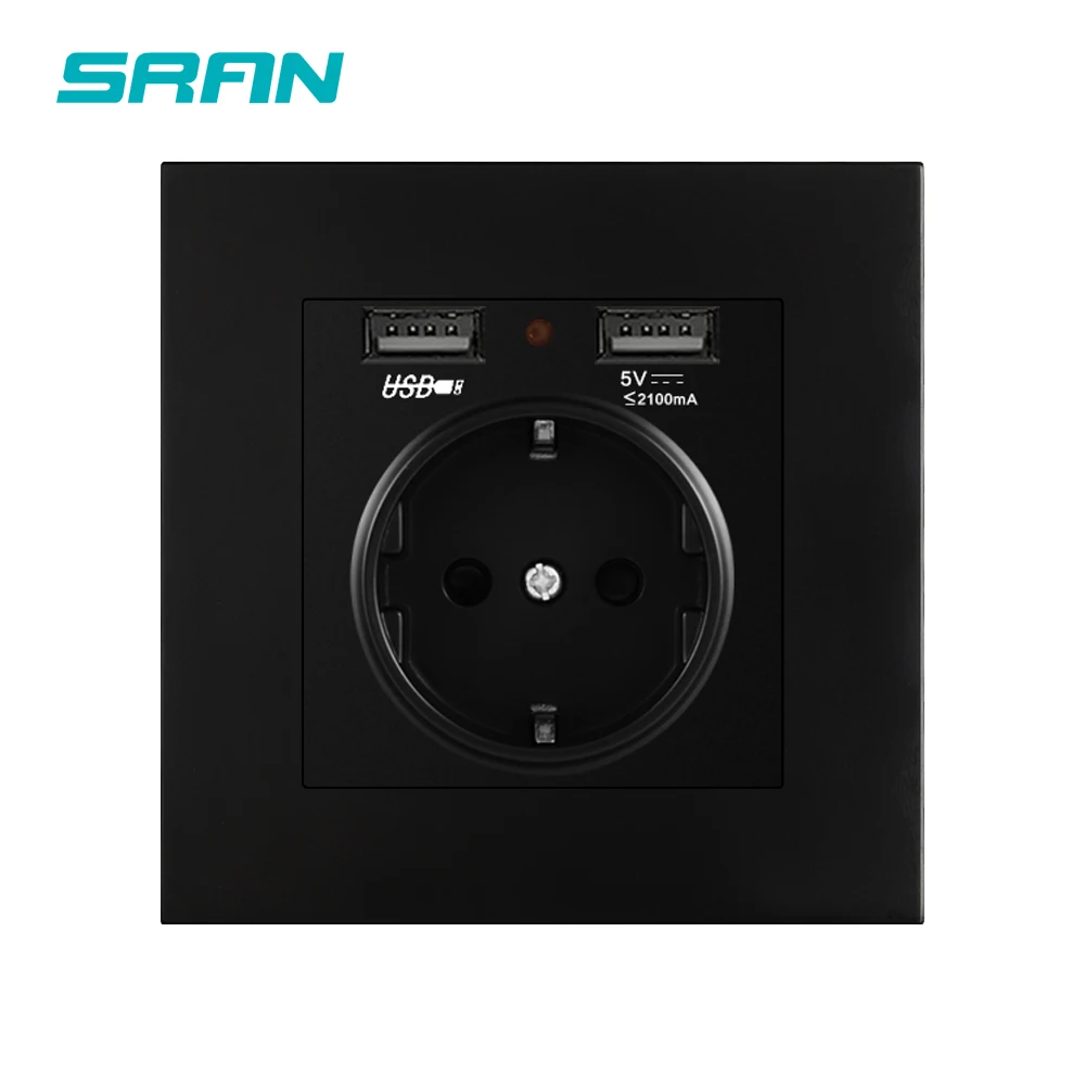 Tomada de alimentação da ue de sran, tomada com usb para casa, 16a 250v dupla usb 5v 2a painel do pc 86mm * 86mm tomada de parede usb inteligente led de ligar/desligar