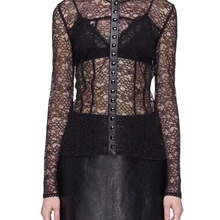 Стиль осень женская одежда модный пэчворк прозрачный кружевной топ сексуальный с круглым вырезом длинный рукав выдалбливают черный топ