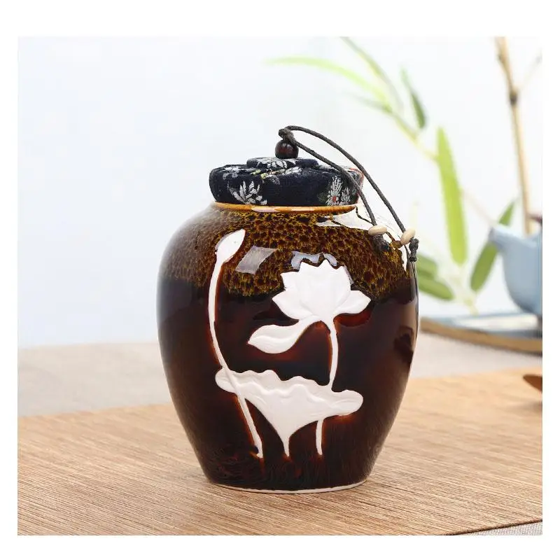 

Cultural Handprinted Lotus Ceramic Tea Caddies Tea Canister Chinese Kung Fu Tea Accessories for Home or Office Teaware