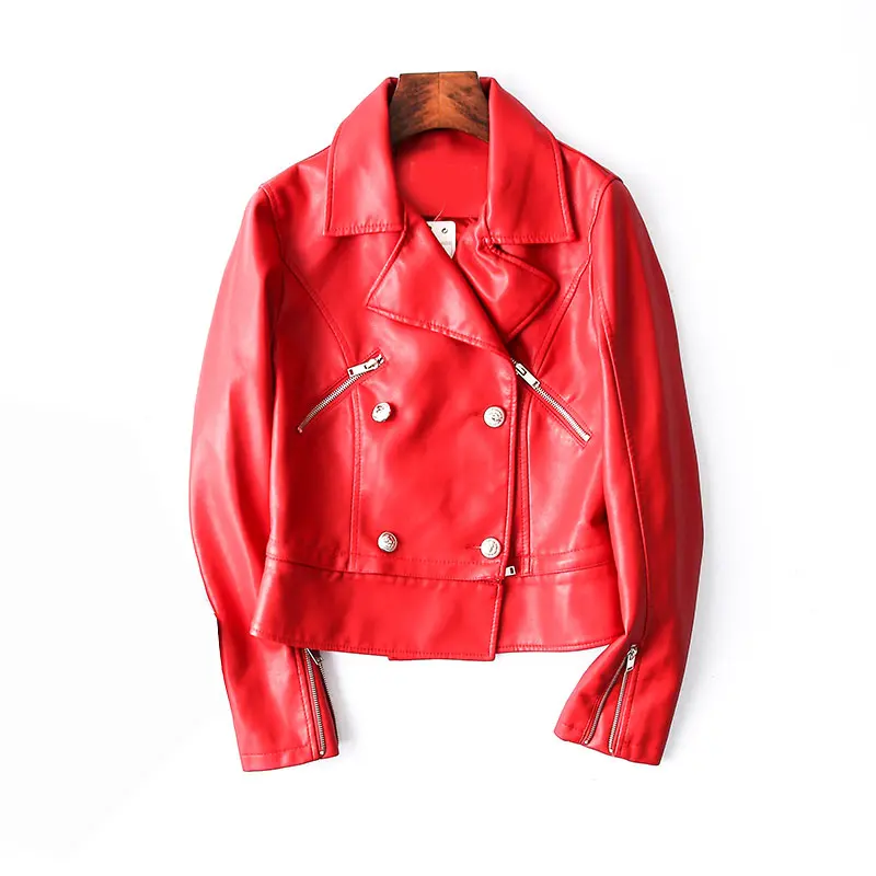 Двубортная кожаная куртка для женщин, мото пальто, искусственная куртка, короткий женский жакет, cuero mujer veste, женственный блейзер - Цвет: red