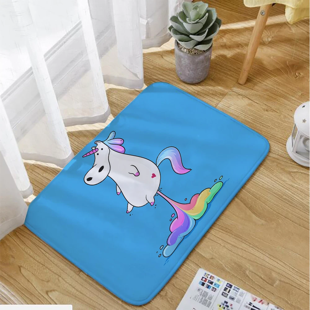 Rainbow Fart Fat Unicorn Bathtub Curtain Plastic Rings Hooks Mildew Resistant Polyester Shower Curtain Mat Set