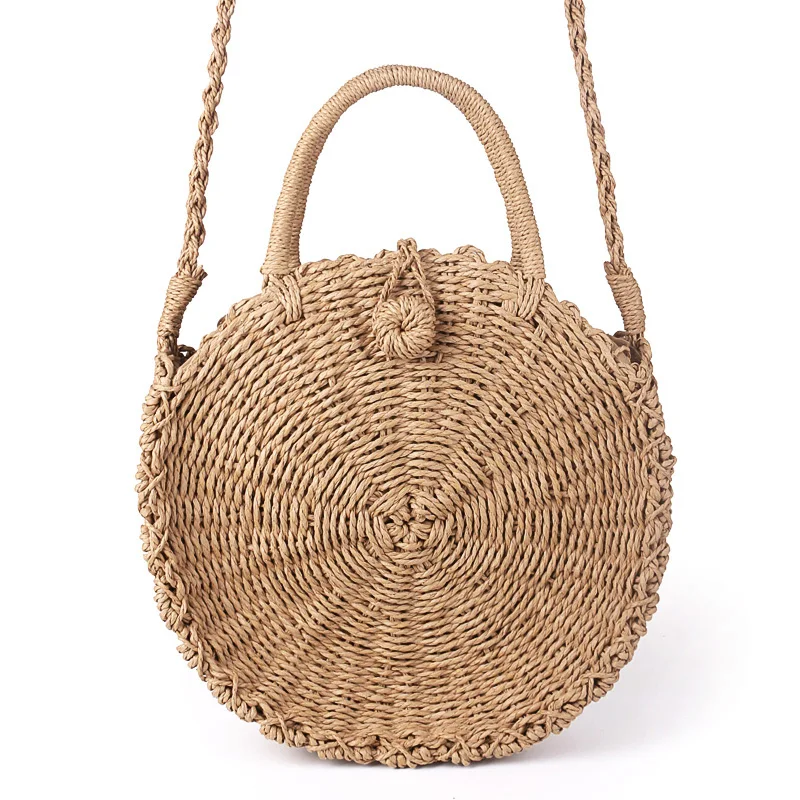 Handmade Rattan Woven Round Handbag Vintage Retro Straw Rope Knitted Messenger Bag Lady Fresh Paper Bag Summer Beach Tote