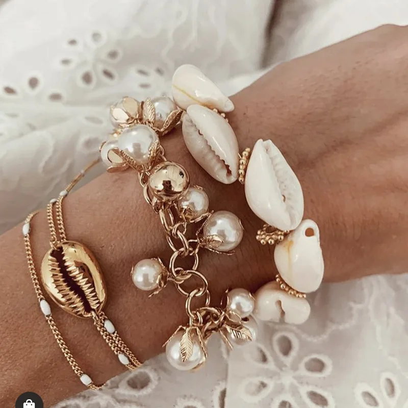 1 Pcs Bohemian Female Bracelets Leaf Pearl Pendant Shell Gold Bracelet Exquisite Women Dance Party Jewelry Wear | Украшения и