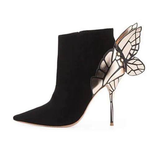 

Back Wing Butterfly Ankle Boots Pointed Toe Stiletto Heels Bota Shoes Black Suede Leather Women High Heel Pumps Dress Shoes