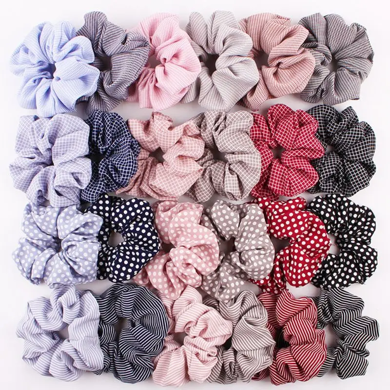 

24 Colors Fresh Country Style Women Hair Rope Striped Polka Dot Plaid Pattern Elastic Ponytail Holder Large Intestine Scrunchies