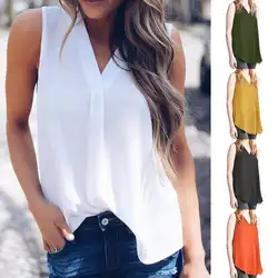 Женская одежда жилет шифоновая футболка без рукавов Блузка женская с v-образным вырезом Летний укороченный топ топы