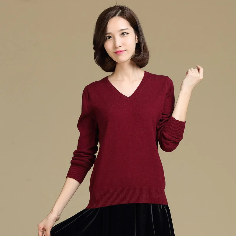 Hot Sale Fashion Spring Autumn Winter Cashmere Wool The Knitted Solid Sweater Women 2015 Woman V-neck Long Sleeve S-XXXL size