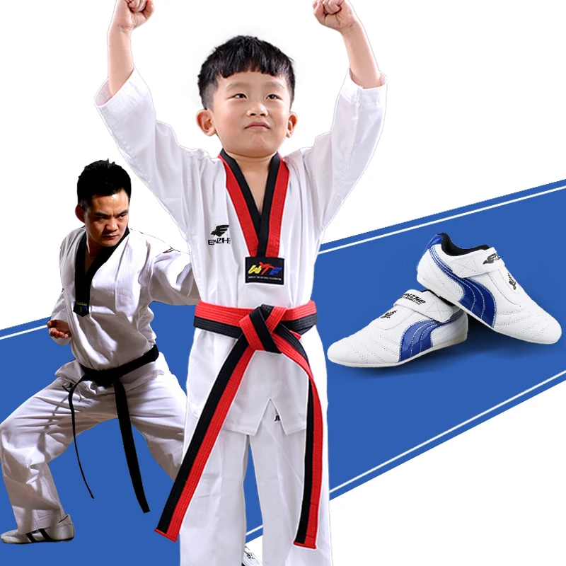 

100%cotton Taekwondo dubok Children adult WTF TKD uniform taekwondo shoes sport sneaker Tae kwon do Protector suite black V-neck