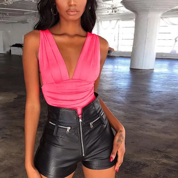 Summer Neon Fluorescent Green Skinny Bodysuits Sexy Club Bodycon Rompers Backless V-neck Body Women Party Overalls