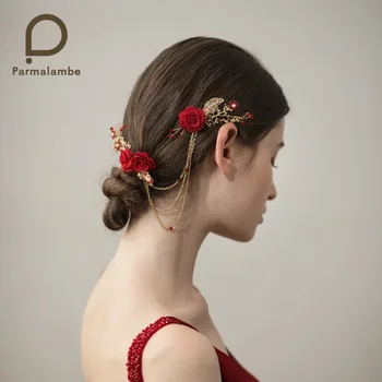 

Parmalambe Handmade Hair Combs Flowers Red Rhinestone Gold Glinting Leaves Chain Bridal Headpieces Wedding Hair Accessories