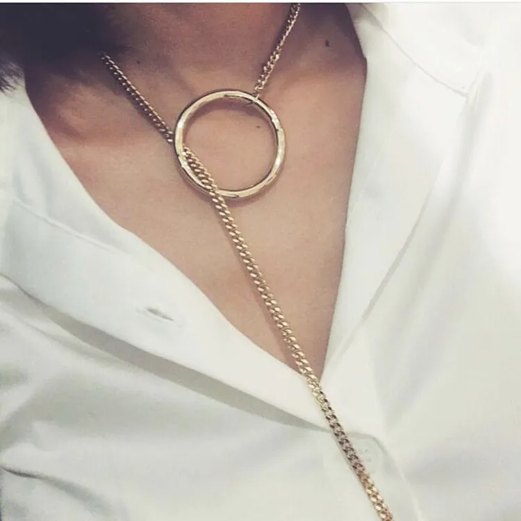Special Double Circle Lariat Necklace Luxury Long Gold Chain Pendant