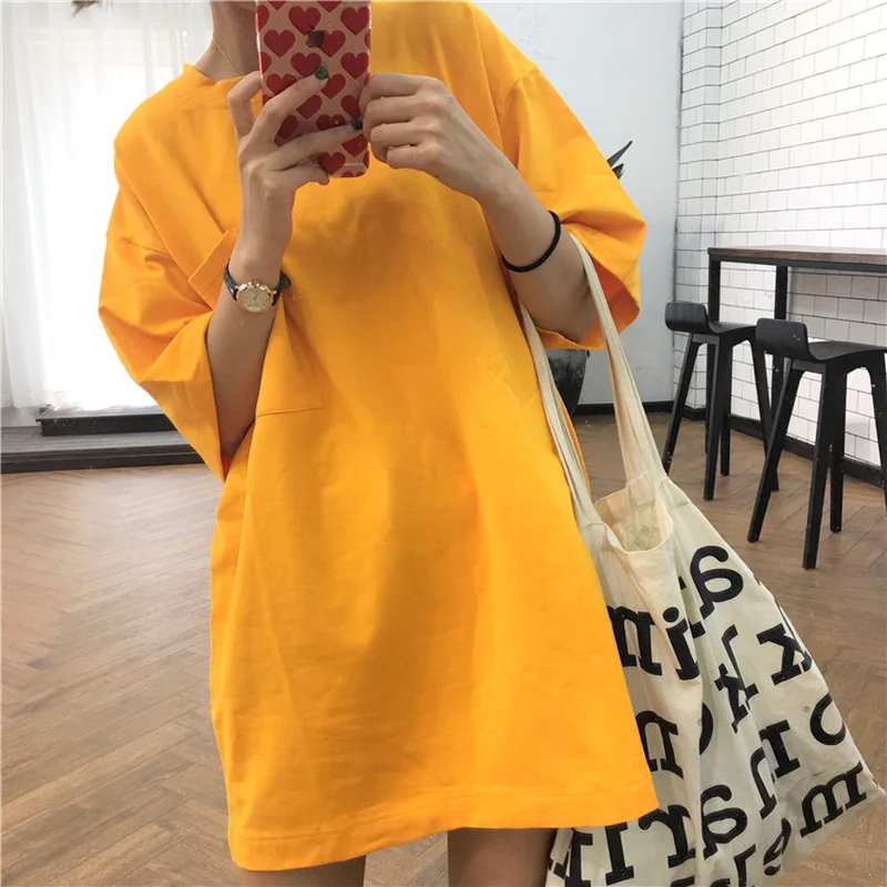 

Korean version summer long tops simple pocket half sleeves T shirt womens clothing loose solid color casual short-sleeve t-shirt
