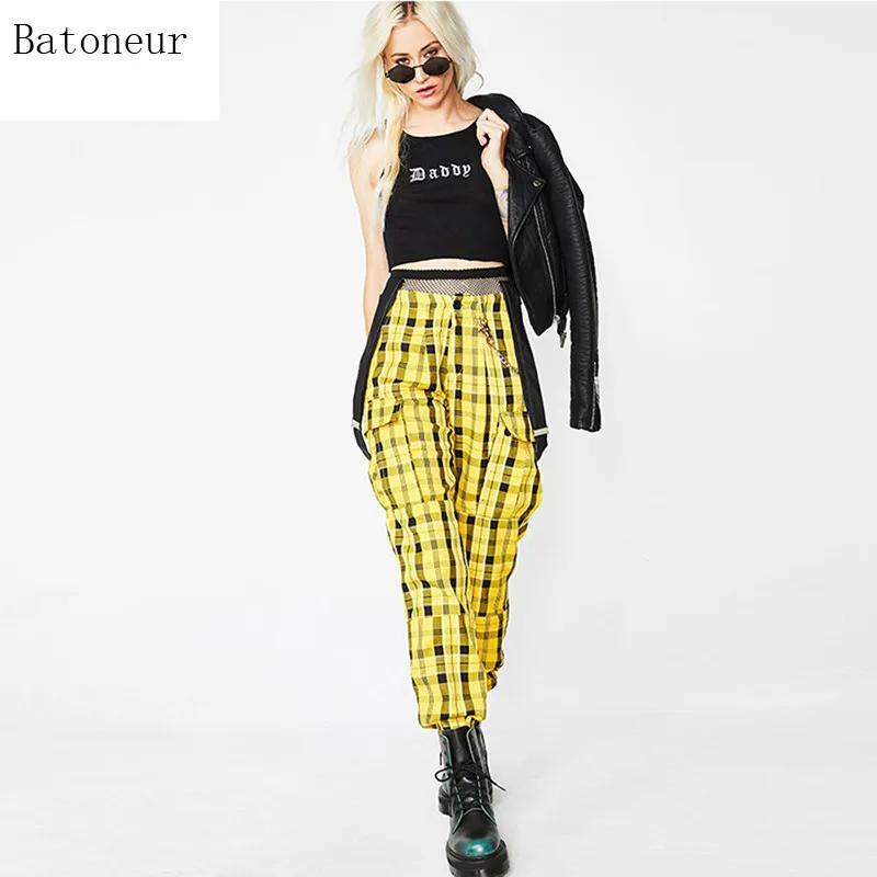 

New Yellow Loose Trousers For Women Streetwear Sweatpants Plaid High Waist Zippers And Strap Casual Harem Pants