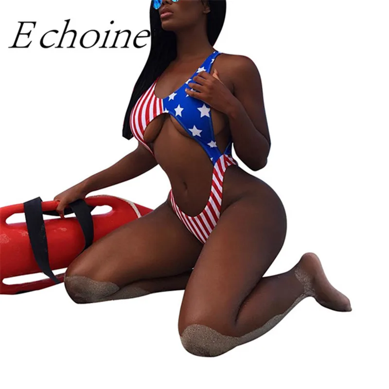 Echoine Women Sexy Cut Out Thong One Piece Swimsuit USA Flag Print