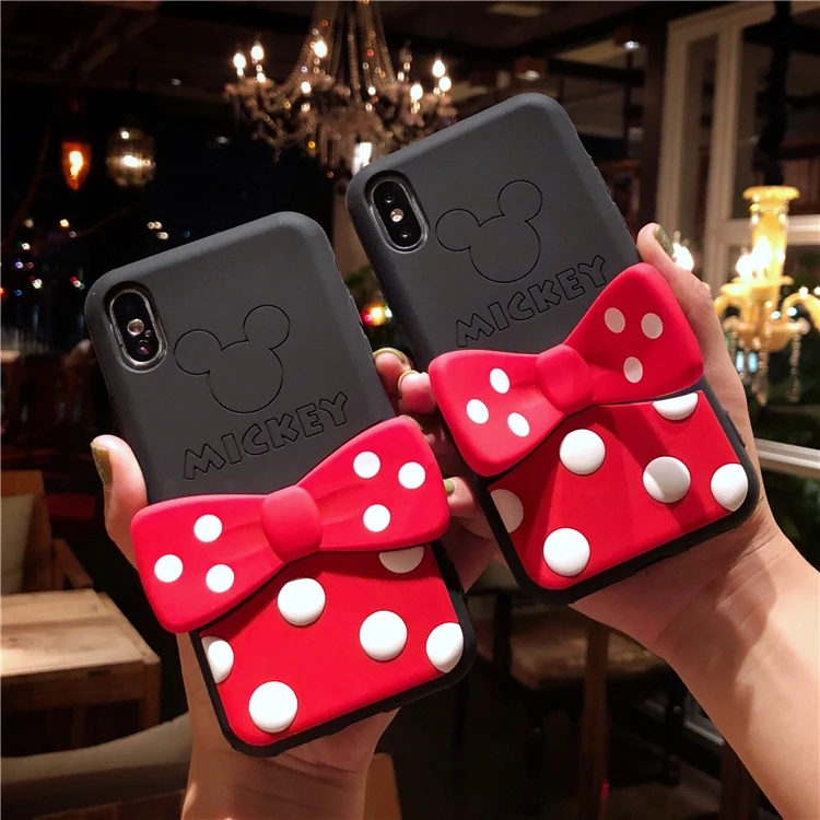 

Marchcover New for iPhone 8 7 6 6s plus case for iPhone X XS Max XR Mickey Cute cartoon cover bowknot kickstand Minnie strap