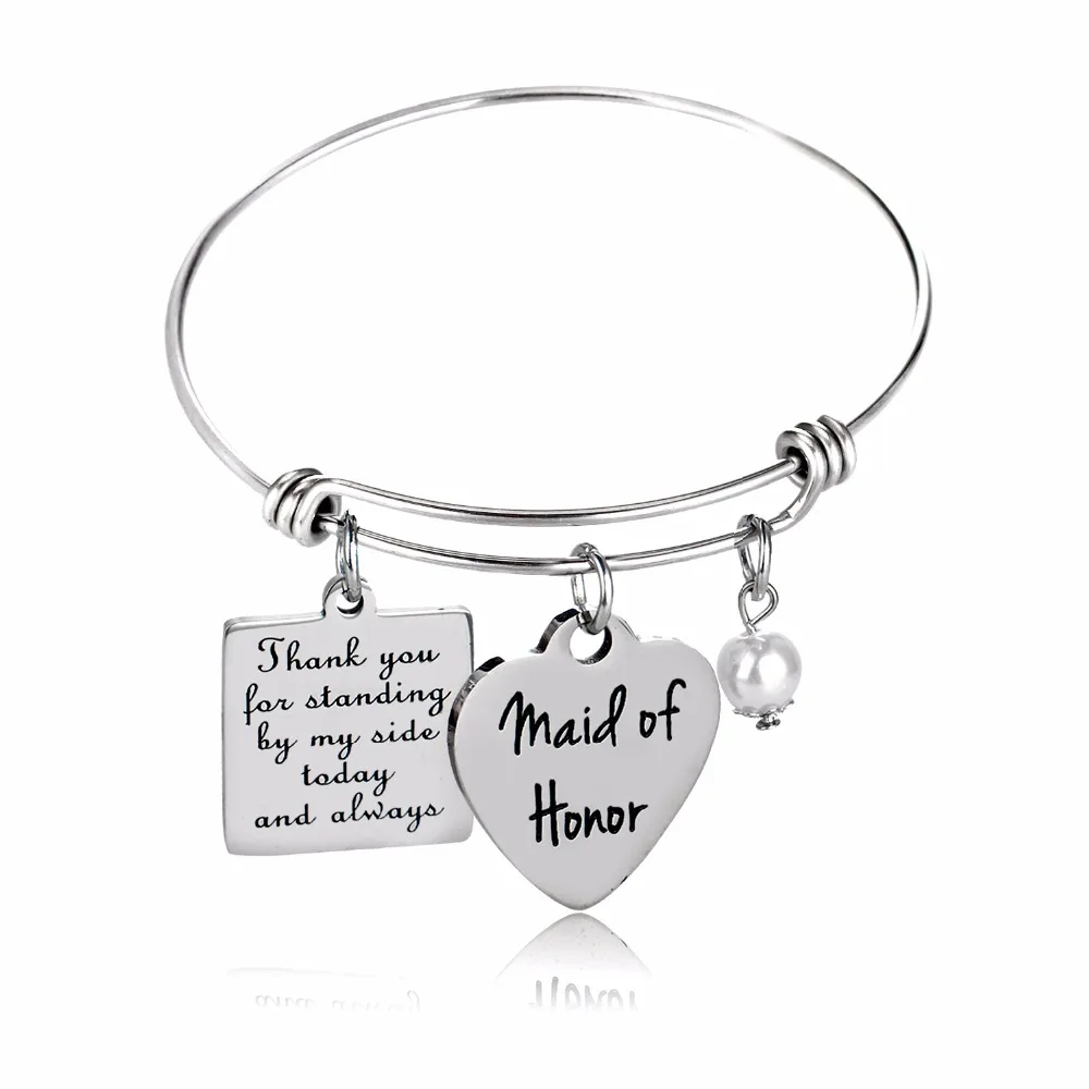 

Fashion Love Maid Of Honor Stainless Steel Women Bracelet Silver Pearl Bangle Jewelry Heart Bracelets Wedding Gifts