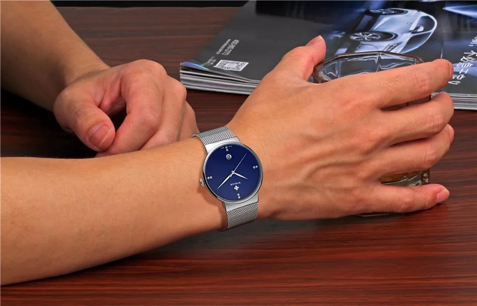 Известный бренд WWOOR часы мужские из нержавеющей стали с сетчатым ремешком Модные кварцевые часы ультра тонкий синий циферблат часы Relogio Masculino