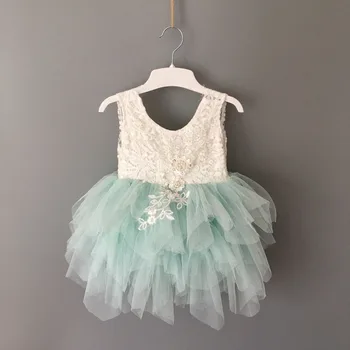

Fresh children girls summer lace dress children sleeveless pearl applique V-back sundress hot sale ins princess party dress