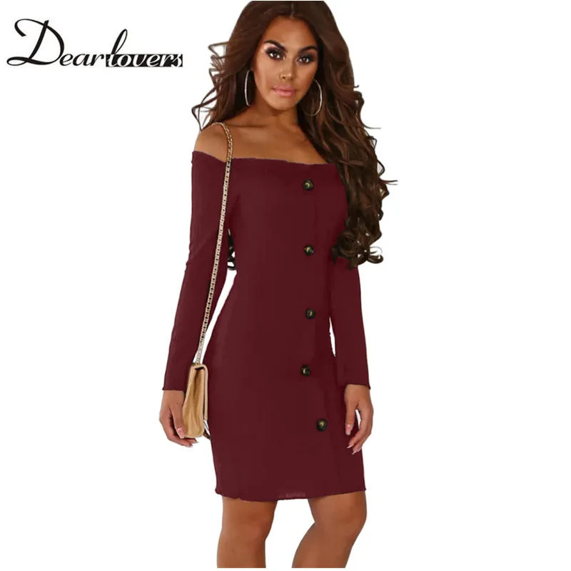 Burgundy-Button-Front-Ribbed-Bardot-Mini-Dress-LC610557-3