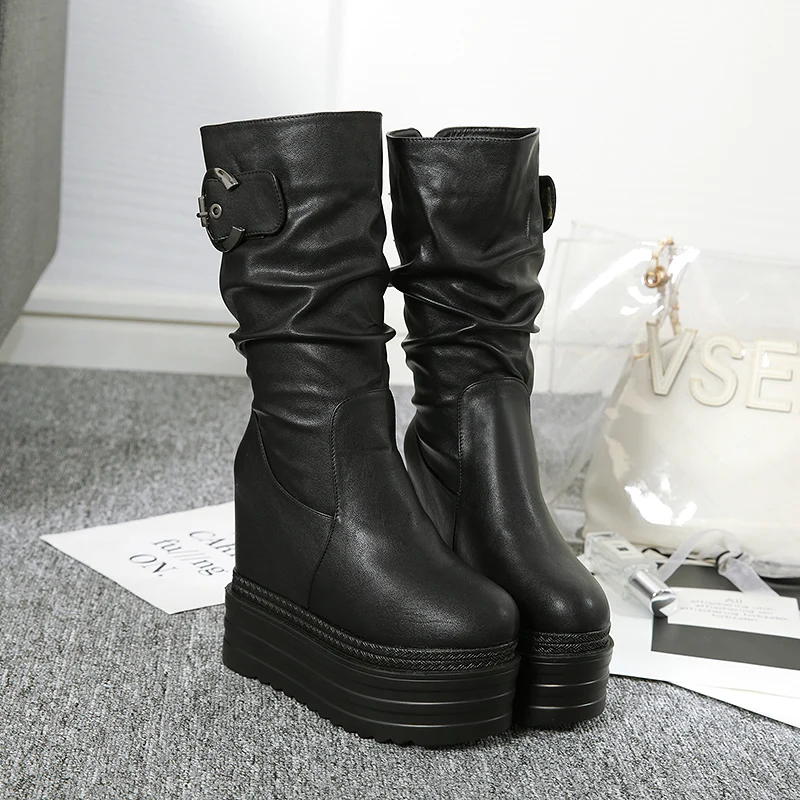 

2019 Wedges Ankle Boots White Black Rubber Sole Shoes Platform Boots Women Lacing Autumn Platform Heels Shoes Heel 13 cm
