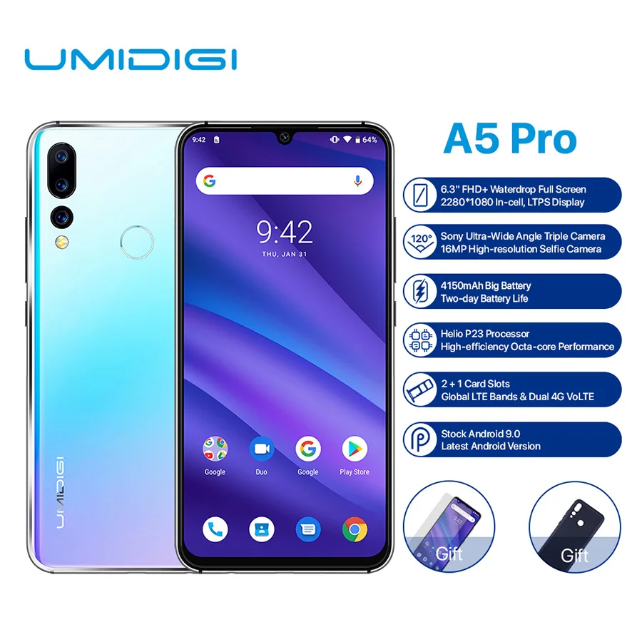 Global Version UMIDIGI A5 PRO Android 9.0 Octa Core 6.3'' FHD+ Waterdrop 16MP Triple Camera 4150mAh 4GB RAM 4G Mobile Phone