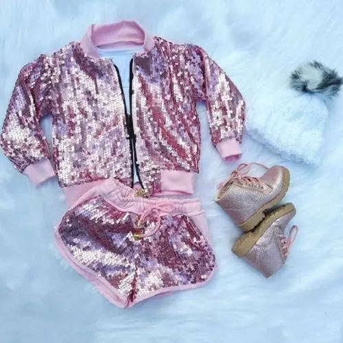 

XMAS Causal Autumn Sequins Zipper Top Coat Toddler Kid Baby Girl Outfits Clothes 2PCS Pink Jacket Shorts Sets