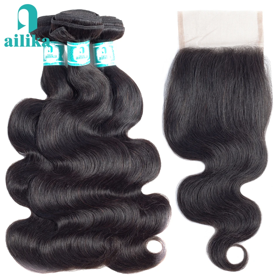 

AILIKA Hair Bundles with Closure Body Wave 8-26 Inch Brazilian Hair with Closure Non Remy Weaves Human Hair with Closures