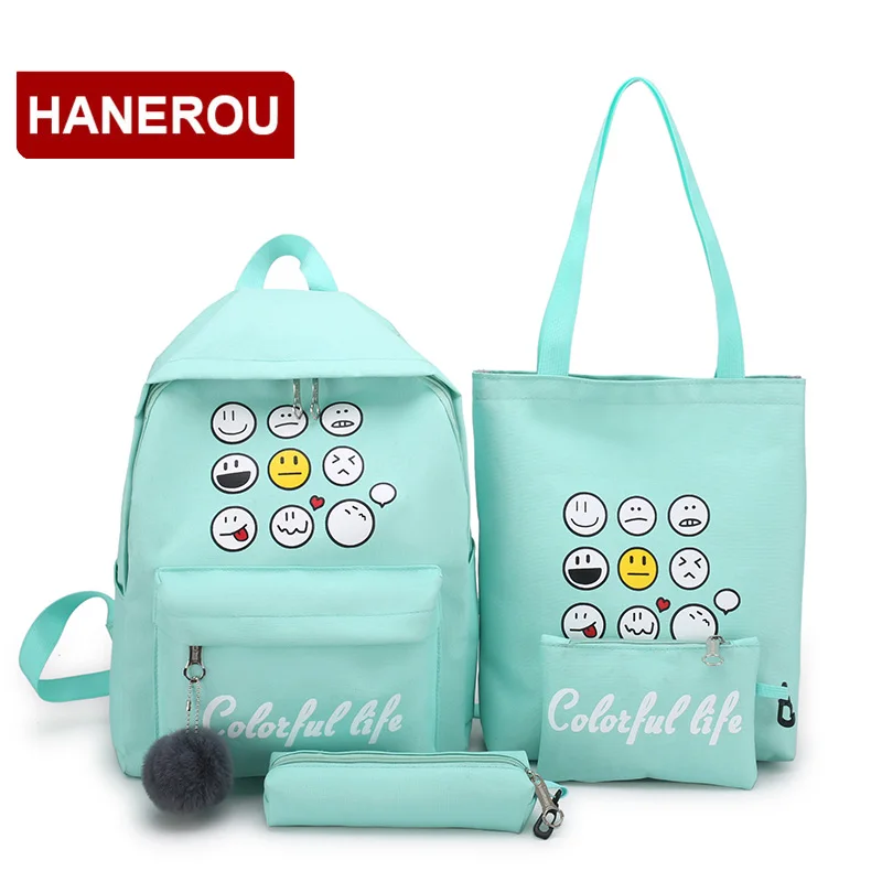 

4 Pcs Set Lovely Printing Backpack Women Shoulder Bag Canvas Backpacks For Teenage Girls Student Tote Bag+Pen Bags+Clutch