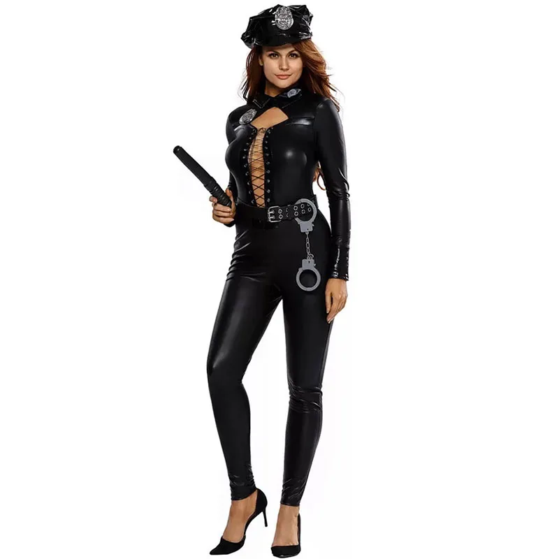 Adult Women Halloween Swat Police Cops Costume Lacing Up Jumpsuit