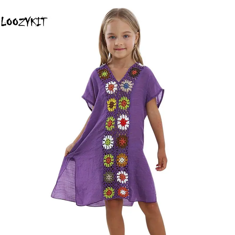 

Loozykit 2019 New Girl Dress Summer V-Neck Embroidery Hand Crochet Stitching Loose Baby Girls Kids Dresses Fashion