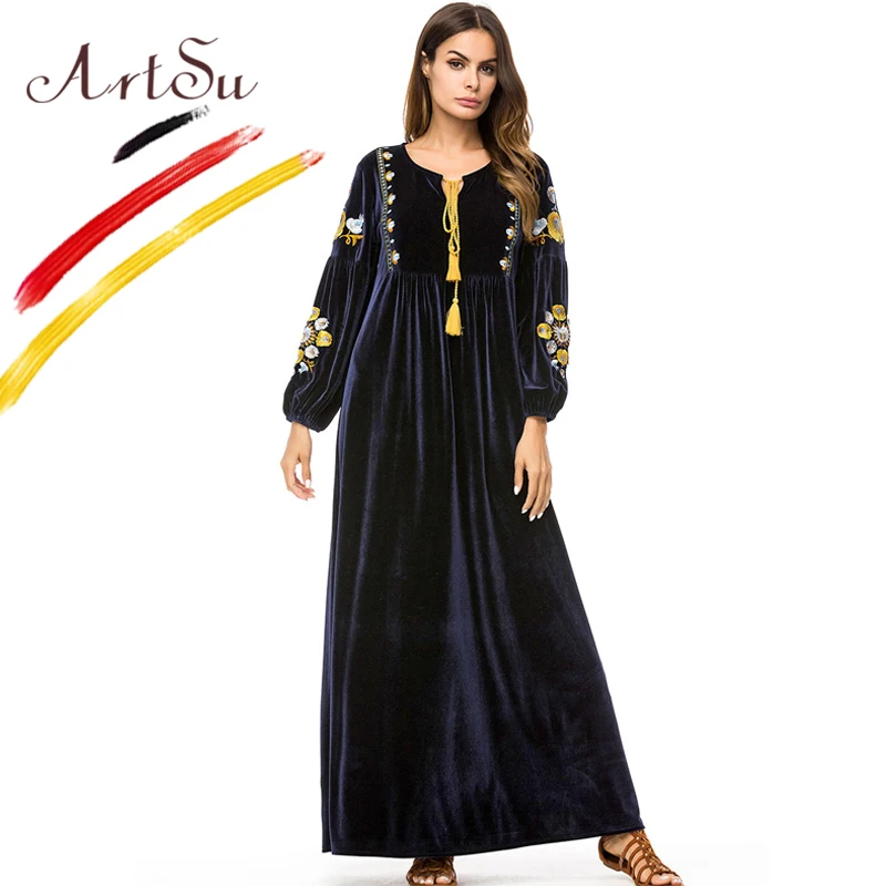 

ArtSu 2018 Winter Elegant Long Lantern Sleeve Floral Embroidery Maxi Christmas Party Dresses Plus Size Loose Women Velvet Dress