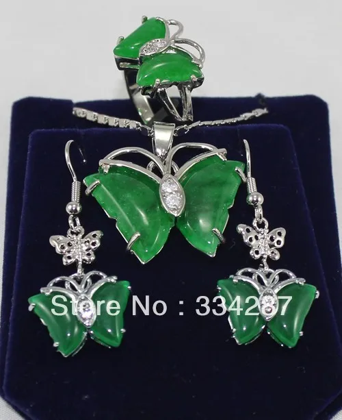 

White Silver Plated Inlay Green jade Butterfly Necklace Earring Ring