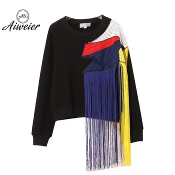 

[Aiweier] Women's Sweatshirts Long Sleeve Female Hoodies Plush Thickened Stitching O-neck Tassel Casual Solid Pullovers Hoodie