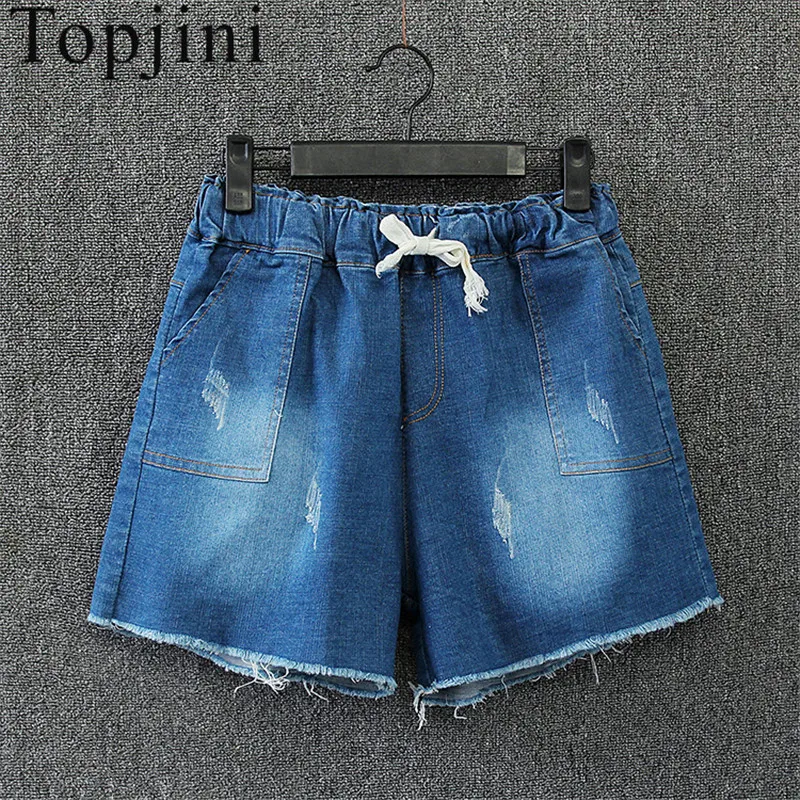 Big Size Summer Casual Solid Denim High Waist Women Shorts Loose Elastic Waist Regular Fashion