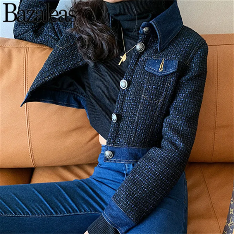 Bazaleas harajuku, укороченное Женское пальто, женская куртка в стиле пэчворк, модные эластичные пальто с карманами, Повседневная Верхняя одежда на пуговицах