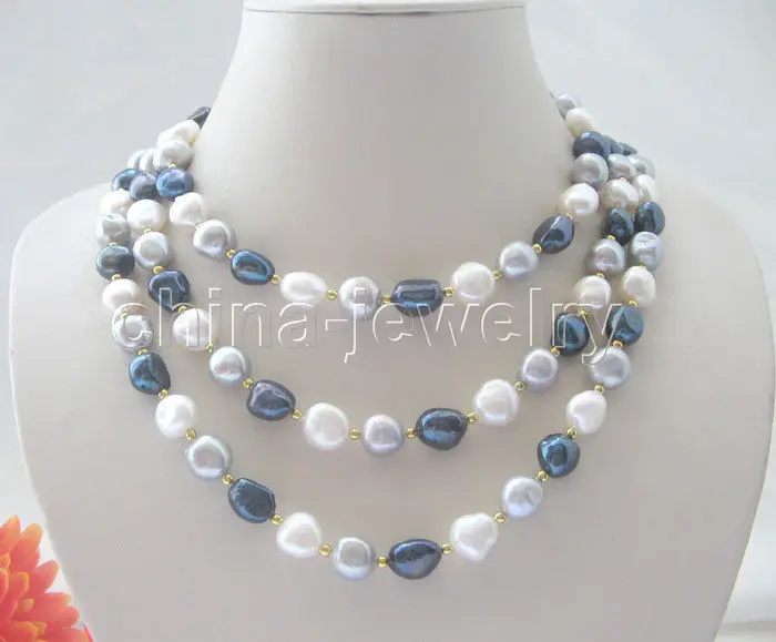

DD Wholesale FREE SHIPPING 50" 10-12mm white black gray baroque freshwater pearl necklace
