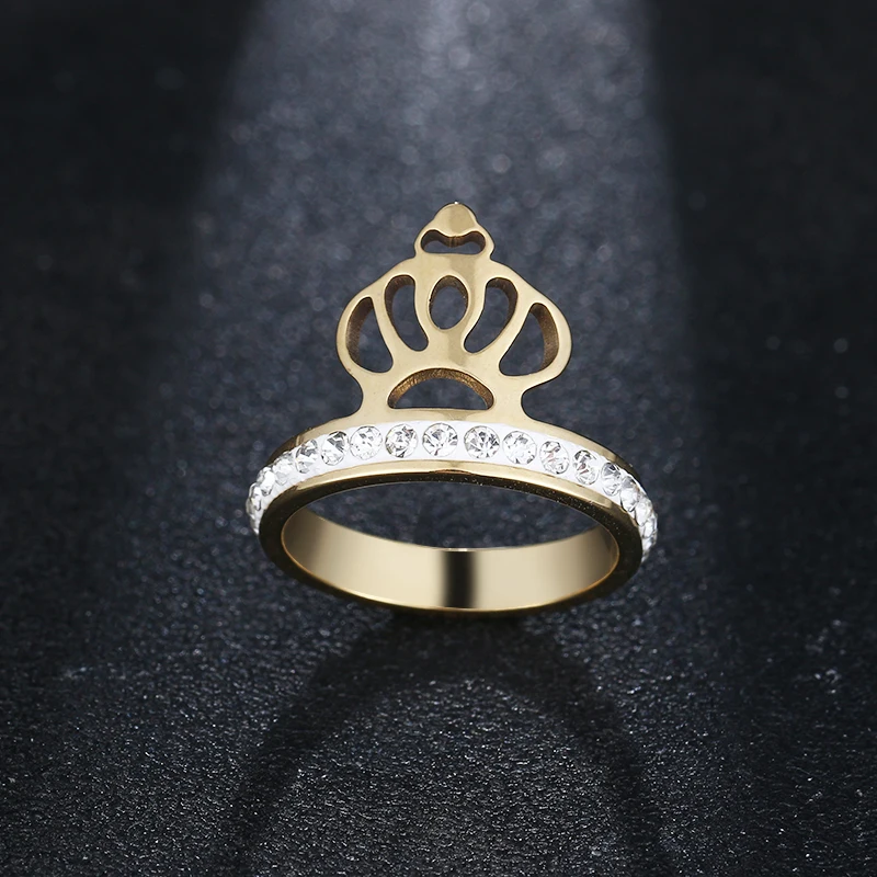 CACANA Stainless Steel Womens Gold Color Ring Exaggerate Big Rings High Quality Crystal Women's Rings Royal King Crown ring